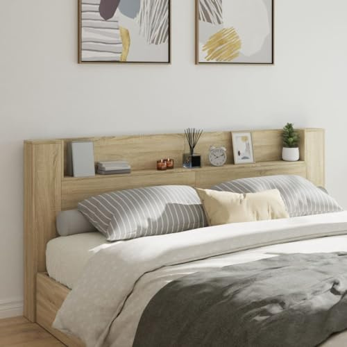 GeenYuu LED-Kopfteil mit Ablagen, Sonoma-Eiche, 220x16,5x103,5 cm, modernes Design, RGB-Beleuchtung, viel Stauraum, Holzwerkstoff