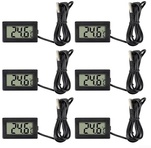 Honseadek Digitale Thermometer mit externen Sonden, -50 °C bis 110 °C, Messbereich für Kühlschränke, Gefrierschränke, Aquarien, Gewächshäuser, 6 Stück (schwarz)