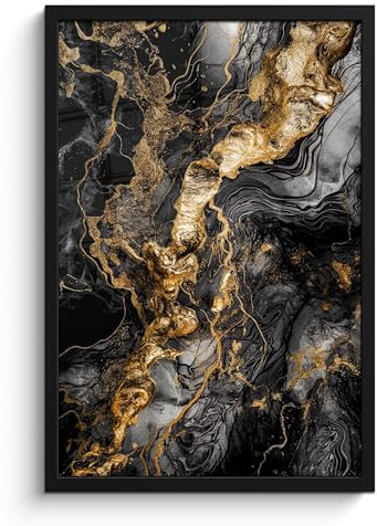 MuchoWow© Bilderrahmen Gemälde Mit Rahmen Fotorahmen Posterleiste | 40x60 cm - Fotogeschenke Wand Deko Zimmer Geschenk Wandbilder Marmor - Schwarz - Gold - Abstrakt