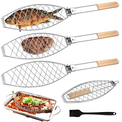 3 Pièces Grille Barbecue pour Poisson, Panier à Griller Pliable 63×12 cm, Accessoires BBQ pour Viande, Poisson, Légumes, avec Manche Portable pour Barbecue Extérieur