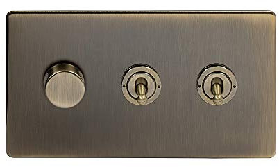 Soho Lighting Antique Brass 3 Gang Light Switch with 1 Dimmer (1x150W LED Dimmer 2x20A 2 Way Toggle)