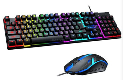R2Invest Tastiera TF200 con cavo e mouse per computer - Gaming, con illuminazione QWERTY