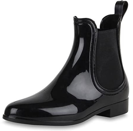 VAN HILL Damen Lack Stiefeletten Gummistiefel Chelsea Boots Schuhe 47336 Schwarz Nero 36