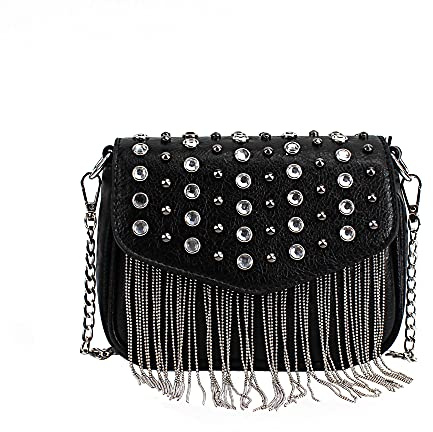 MEGAUK Mini Niet Handtasche Kette Fransen Umhängetasche Cross Body Taschen Elegante Kettentasche Punk Clutch Bag Abendtasche mit Kette Riemen Metall Schultergurt