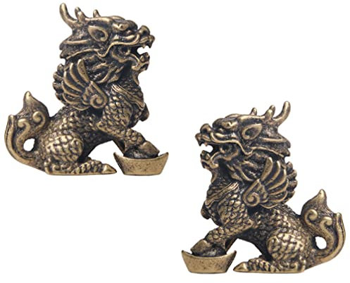 Beavorty Dragon Chance Chinoise 2Pcs Feng Shui Brass Kirin Kylin Statue Pi Yao Dragon Avatar Figurine pour La Richesse Protection PROTECTE
