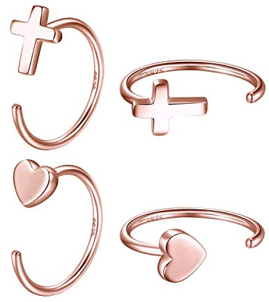 CHIC & ARTSY Halbe Creolen, rosévergoldet, 925er Sterlingsilber, Kreuz und Herz, halbe Creolen, offene Creolen, kleine Huggie-Creolen, Huggy-Creolen für Frauen, 2 Paar.