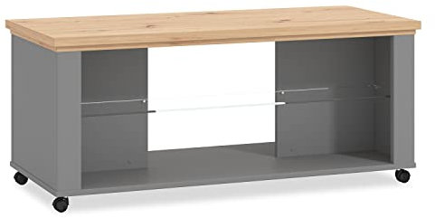 Homestyle4u 2302, Table basse en bois verre chêne gris Table de salon Table de canapé Table d'appoint roulettes