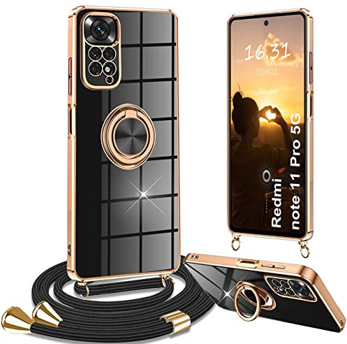 Yutwo Coque Redmi Note 11 Pro avec Collier Housse 360° Voiture de Bague Magnétique Antichoc Réglable Cordon Étui pour Xiaomi Redmi Note 11 Pro 4G/5G avec Cordon, Noir