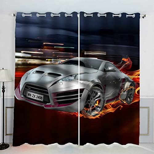 VASENA Sportwagen Brennt Gardinen Kinderzimmer 3D Drucken Fenstervorhang Rennauto Vorhänge Abdunkelnd Blickdichte Schallschutz Gardinen mit Ösen 2er-Pack (140x160 cm)