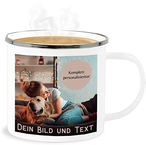 Emaille Becher Blechbecher - eigenem - Foto Bild Geschenk I Dein Bild und Text - 300 ml - Weiß Silber - fototasse tassen bedrucken selbst drucken photo tasse fototassen selber gestalten foto-becher