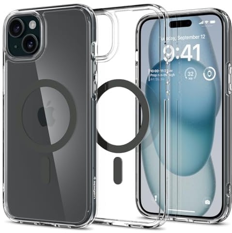 Spigen Ultra Hybrid MagFit Case for iPhone 15, Compatible with MagSafe Accessories [Anti-Yellowing] [Military-Grade Drop Protection] - Clear Graphite