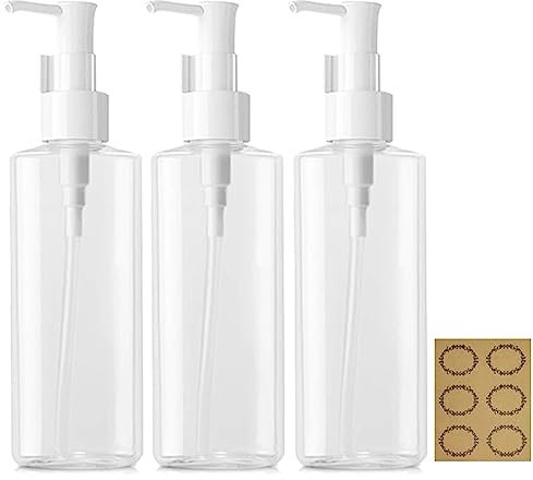 Apstaqeoo 3Pcs 200ML Empty Lotion Dispenser Refillable Clear Plastic Oval Travel Bottles Makeup Cosmetic Flat Container Dispenser with Pump Head for Gel Cream Shampoo Massage Cleansing Oil