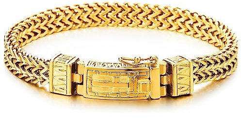 COOLSTEELANDBEYOND Herren Einzigartige Goldfarben Edelstahl Doppel Quadrat Franco Kette Armband mit Kreuz, Federringverschluss Poliert