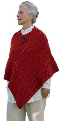 Aran Woollen Mills Irish Aran Strickponcho mit Knöpfen | 100% superweiche Merinowolle Fisherman Cape Wrap für Damen
