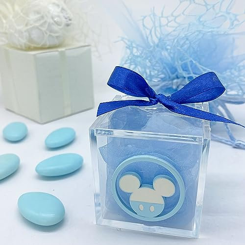 Doni Bomboniere Scatolina portaconfetti in plexiglass Trasparente 5x5x5 con Ciondolo Topolino di Colore Celeste, Bomboniera per confettata Disney per Nascita, Battesimi, Compleanni. Fiocco a Scelta.
