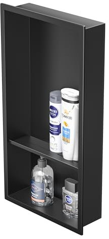 Bernkot Niche murale en acier inoxydable 304 - Noir - 60 x 30 cm - Double étagères - Douche encastrée pour rangement de salle de bain - Pas de carrelage nécessaire - Niche sur montage