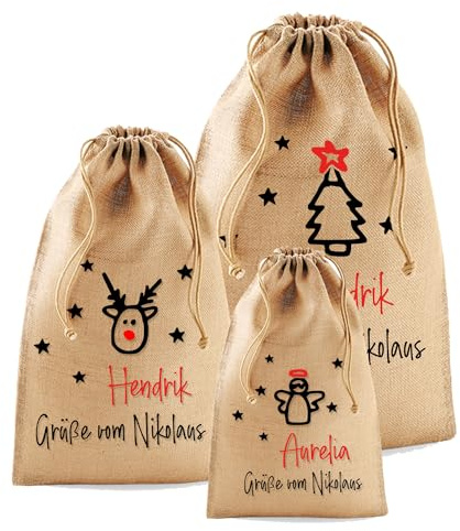AMBERGER DESIGN Nikolaussackerl Personalisiert Santa Jute Wichtelsäcke | mit Namen, Einfach Befüllen und Aufhängen, Beutel für Nikolaus- und Santa-Geschenke