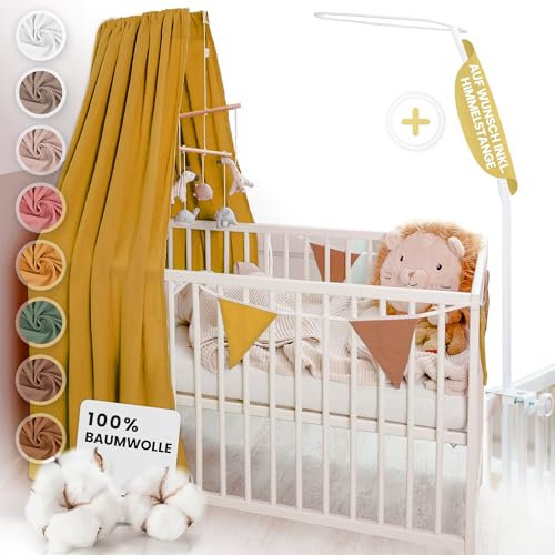 lilimaus Betthimmel Babybett mit Gold Applikation in 12 Farben [inkl. Himmelstange] - Himmel Babybett aus 100% Baumwolle Musselin für Mädchen & Jungen - Himmelbett mit Stange - Kinder Babyzimmer Deko