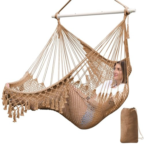 Chihee Columpios Hamaca Silla Súper Grande Silla Colgante Tejido de Cuerda de Algodón Hilado Suave Silla, Colapsable Fuerte Barra de Metal Spreader Asiento Ancho Encaje Stretch Swing Silla