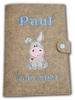 U-Heft Hülle Filz mit Name und Datum Esel (Hellblau)