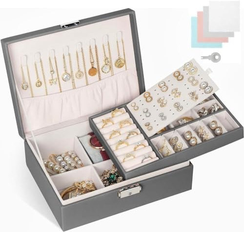 Aucuu Schmuckkästchen Damen, Schmuckkästchen Groß, 2 Ebenen Schmuckschatulle, Abschließbare Schmuckaufbewahrung mit Schlüssel, Schmuck Organizer, Schmuckbox Schmuckkasten für Ringe Halskette Ohringe