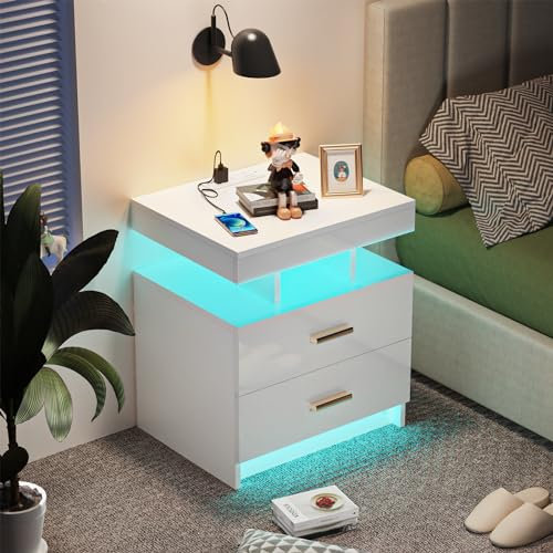 PIPIPOXER Nachttisch mit Steckdose & USB, Nachttisch mit LED Nachtkommode mit 2 Schubladen und Hochglanz Nachttisch Weiß Nachtschrank Tisch, Led 16 Farben Beleuchtung für Wohnzimmer, 50x40x58cm