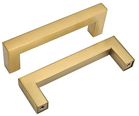 Goldenwarm 2 Pack Brushed Brass Cabinet Handles - LSJ12GD76 Gold Kitchen Pull 76mm Hole Centers Square Cupboard Door Handle