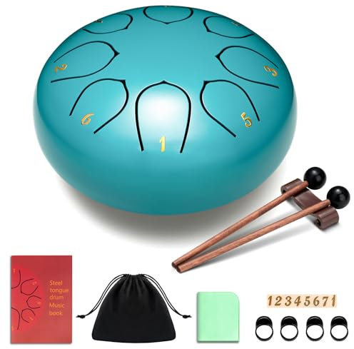 CAHAYA Steel Tongue Drum 6 Zoll 8 Töne: Zungentrommel Schlagzeug Anfänger, Handpan mit Notenbuch, Trommelstöcken, Steel Pan Töne Drum Schlaginstrument für Meditation Yoga, Seeblau CY00372-1