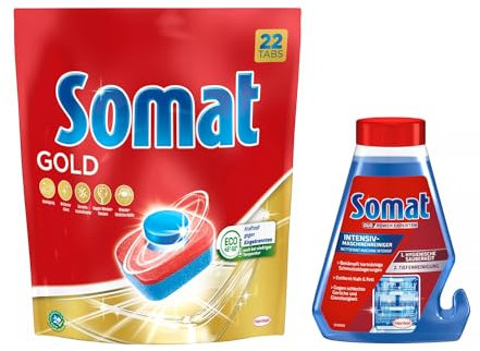 Somat Tabs 8x22 (176) AW Gold, Geschirrspül Tabs für strahlend sauberes Geschirr auch bei niedrigen Temperaturen + Somat Duo Power Experten Intensiv-Maschinenreiniger 250ml