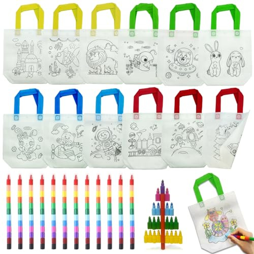 ICEPAPA, 12 Stück Stoffbeutel zum Bemalen für Kinder und 12 Stück Stapelbare Wachsmalstifte (12 Farben in 1), Perfekt für Kindergeburtstag Gastgeschenke, Give aways kindergeburtstag