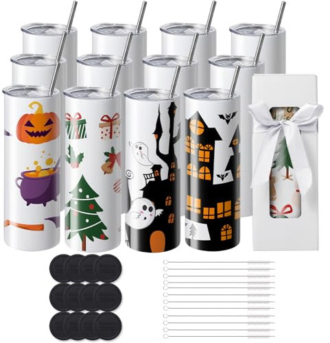 VEVOR Lot de 12 Gobelets Thermos à Sublimation de 95 cL, Fins et Droits, Bouteille Sublimable en Acier Inoxydable, Vierges, à Double Paroi, Cadeaux Personnalisés avec Couvercle et Paille, Boîte Cadeau