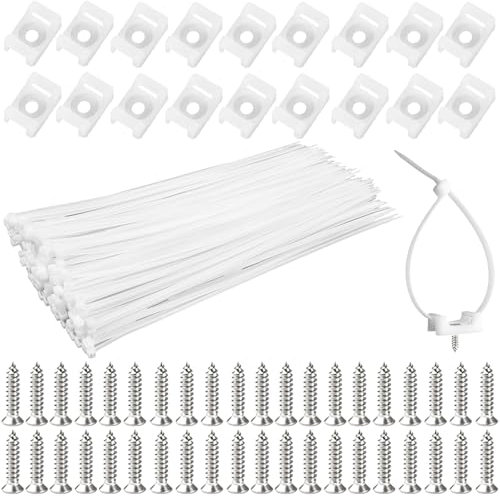 EUMAYES 100 Piezas Blancas Plastico Bridas para Cables y Soporte para Bridas Base, Atar Cable Montaje y Tornillos para Organizar y Fijado Cables de Oficina, Hogar, Exteriores