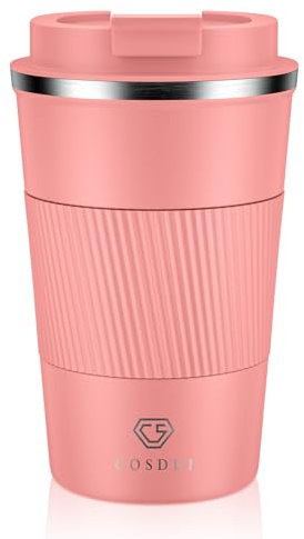 CS COSDDI Travel Mugs, Insulated Coffee Cup with Leakproof Lid - Reusable Coffee Cups Travel - Car Coffee Cup - Stainless Steel Coffee Mug for Hot and Cold Water (C09 Coral, 380ml)