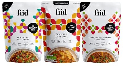 Fiid 100% Natural Vegan Microwave Sharing Ready Meals Flavour Multipack - 3x 275g - Chip Shop Curry, Lentil Chana Masala, Thai Lentil & Sweet Potato Curry (Vegetarian, High in Fibre & Protein)
