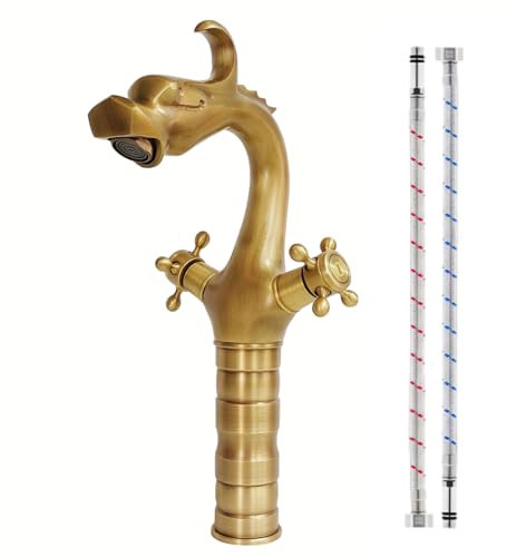 KOPYFANTAP Retro Hoch Waschbecken Wasserhahn Bad Messing, Doppelgriff Waschtischarmatur Bronze Antik, Drachenkopf Mischbatterie Armatur für Badezimmer Küche Patio Außenbereich (33CM)
