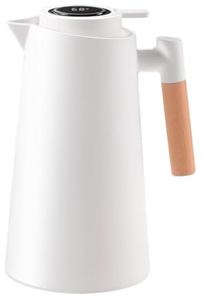 ADEPTNA 1L Thermal Vacuum Flask Large Capacity with Handle Temperature Sensor Display Double-Wall Insulated for Water,Tea,Beverages. Includes Wooden Handle. Ideal for Travel,Picnics,Home Use (White)