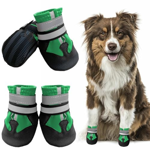 Muecleao Hundeschuhe Pfotenschutz, 4 Stück Wasserdicht Anti-Rutsch Hundestiefel mit Rutschfester Sohle und reflektierendem Klettverschluss, Schuhe für kleine, Mittlere und Große Hunde (Grün, L)
