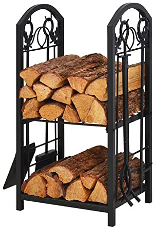 Estante de almacenamiento de leña de hierro negro para chimenea, estante de múltiples capas, estante de herramientas para suelo del hogar, organizador de leña de madera resistente.
