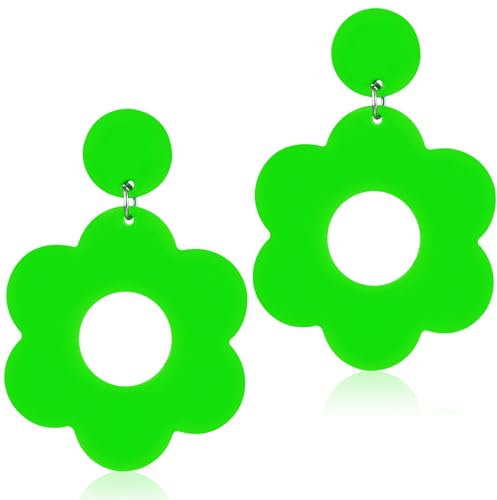 Neon Ohrringe Damen Acryl Blumenohrringe Vintage 80er 90er Jahre Party Blumen Ohrringe Mädchen Blumen Halloween Weihnachten Creolen Kostümparty Schmuck 70er 80er Jahre Partyzubehör (Grün)