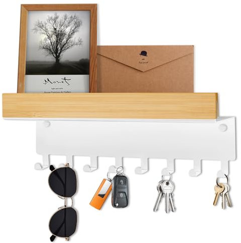 TINIFO Porte Clé Mural En Bois - Accroche Clef Mural Blanc, Rangement Clef Mural Moderne Avec 8 Crochets Pour Couloir, Cuisine, EntréE