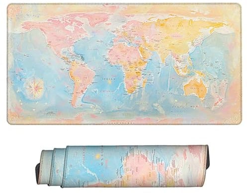 Mousepad World Map Desk Mat Large (28 x 12 x 0.12 inch), Non-Slip Water-Resistant White Gaming Mouse Pad Stitched Edges Desk Pad, Soft Smooth Surface Desk Matt, Mouse Pads for Office Gaming Room V-J