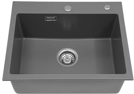 Lavello da cucina 55 x 45 cm, in pietra di quarzo, con un arco, profondità 9, lavello composito, per cucina, 1 lavandino da incasso, 2 fori preforati (grigio)