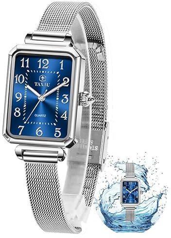 Taxau Damen Uhren Damenuhr Einstellbar Anspruchsvoll Damen Blaues Quadratisches Zifferblatt Kompakt Damenuhren Silberner Gurt Luxus Uhr Wasserdichtes Quarzwerk Watch for Women