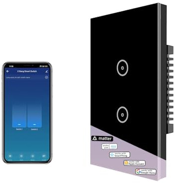 Matter Wandschalter mit Glaspanel, weißer Touchscreen-Schalter, kabellose Fernbedienung, Timing-Funktion, kompatibel mit HomeKit, Alexa (2-Gang, Schwarz)