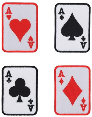 4er Set Poker Karten Ass Herz Karo Pik Kreuz – Hochwertige Aufnäher zum Aufbügeln & Aufnähen | Gestickte Bügelpatches für Karneval, Fasching, Kostüm Patch Applikation Größe je Aufnäher 5,5 x 7,5 cm