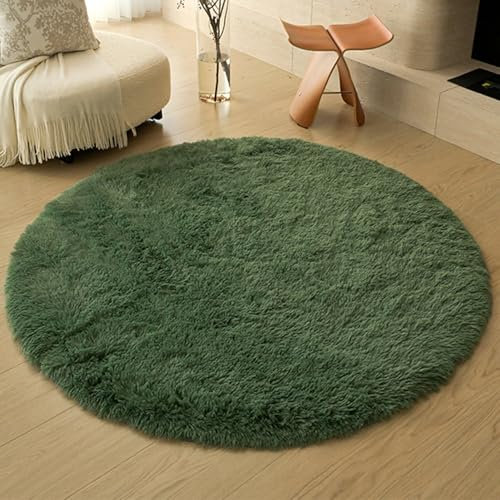 Swsen Rund Teppich Wohnzimmer Super Weich - Shaggy Teppiche Flauschig Anti-Rutsch Unterseite - Moderner Carpet Waschbar Langflor Hochflor Teppiche 90 cm Durchmesser, Dunkelgrün