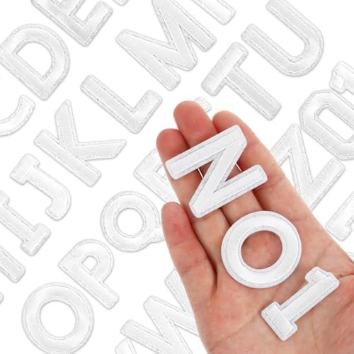 Wanmu 72pcs Iron Letters Iron On Numbers, Fabric Embroidered Sew On Letters A-Z and Numbers 0-9 Applique Patches DIY Accessories for Clothes, Dress, Hat, Jeans, Shirts, Jeans, Bags - White