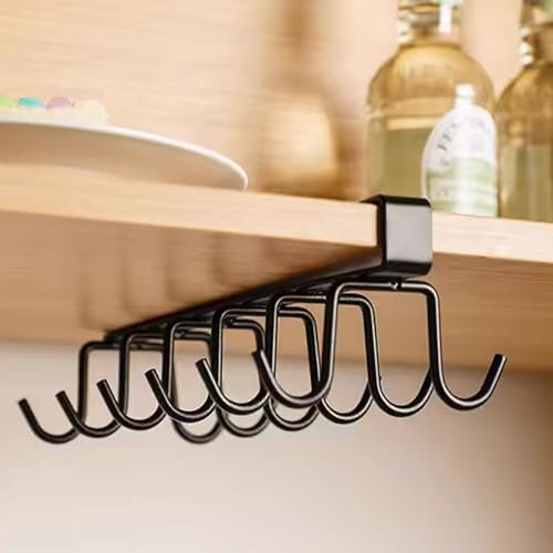 Ghshanog 2Pcs Mug Holder Under Cabinet,Black Coffee Cup Holder Rack,Double-Row No Drilling Under Shelf Mug Hanger with 12 Hooks,Mugs Storage Hanging Rack for Cups, Glasses, and Kitchen Utensils