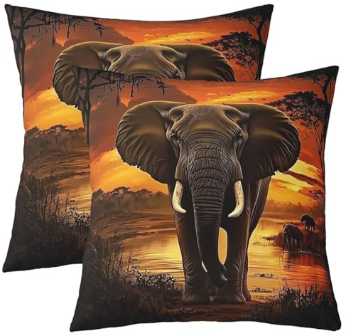 Homewish Afrikanischer Elefant Druck Kissenbezüge Set Von 2 45x45cm | Elefant Tier Kissenabdeckungen Werfen Ethnischer Wildtierdruck Dekorative Kissenbezüge Exotisches Naturthema