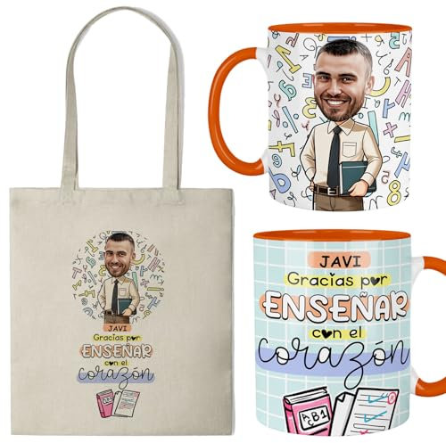 Kembilove® Taza y bolsa profesor personalizada – Regalo original maestro fin de curso – Diseño caricatura “Gracias por enseñar con el corazón”
